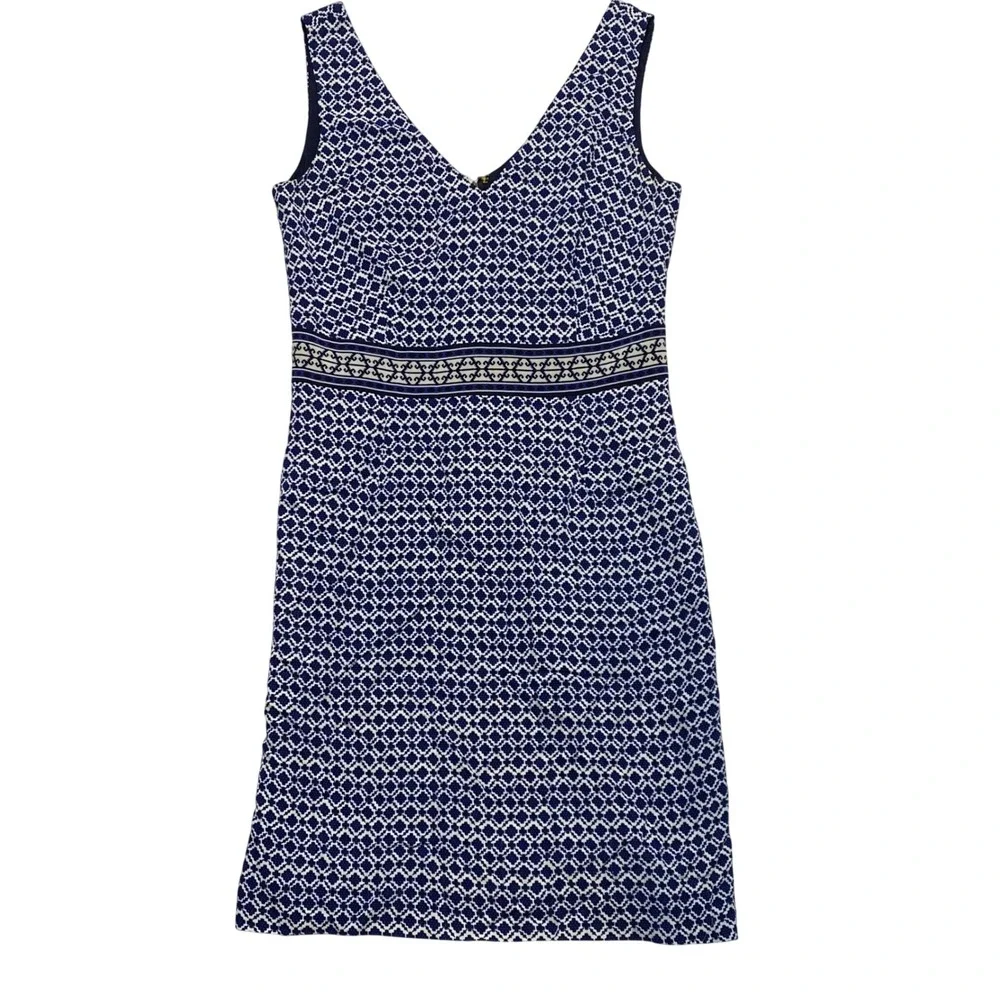 Tory Burch Navy‎ Blue White Geometric Tile V-Neck Sleeveless Shift Dress Size 8